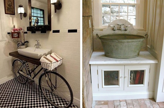 ein Fahrrad, dass das Waschbecken stützt und auch als Handtuchträger dient